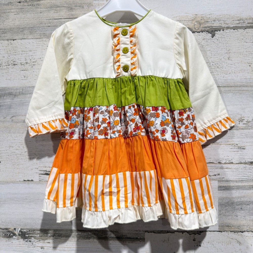 Cotton Kids Dress Girls 18m Orange Green Floral Tiered Boho NWT
